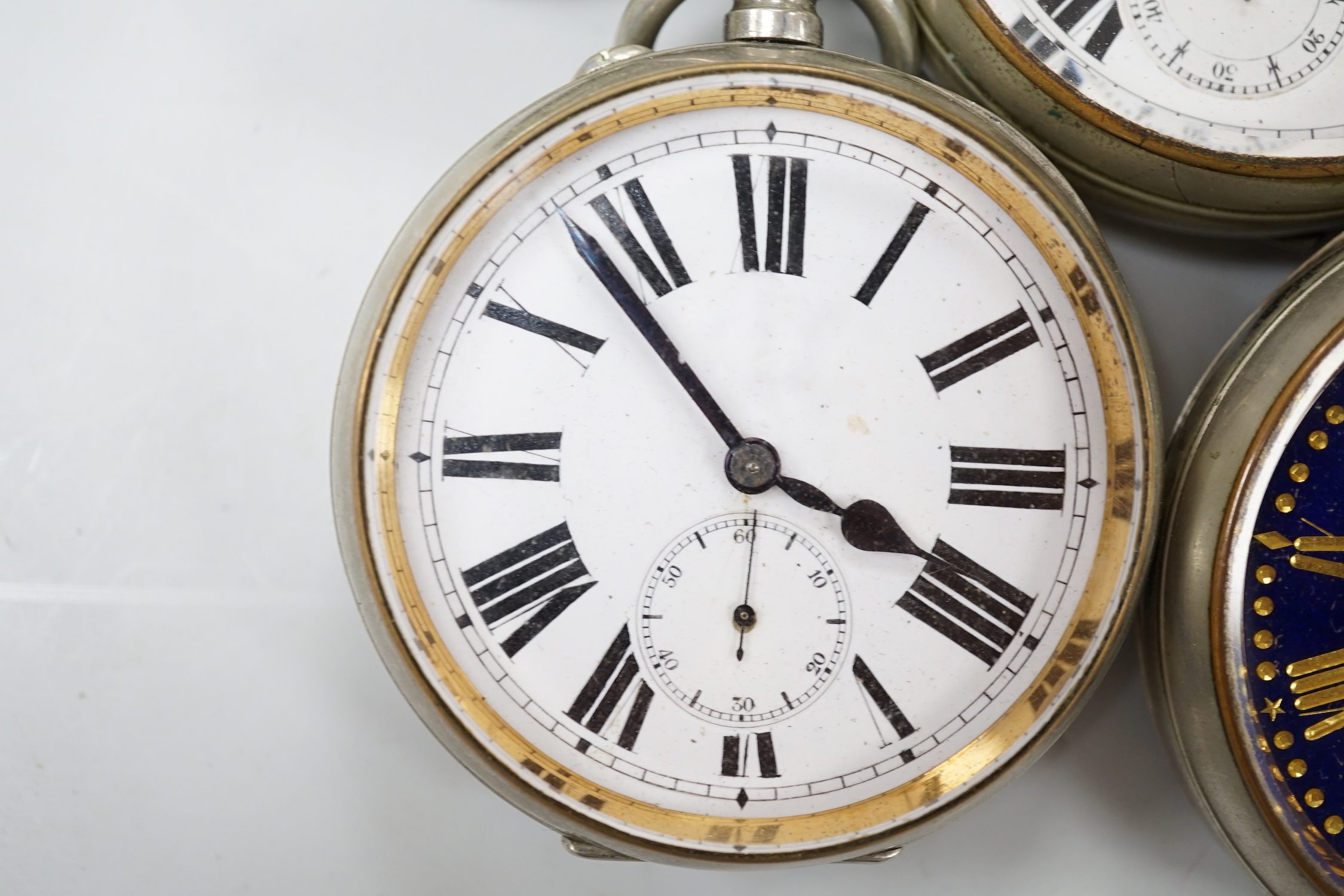 Six assorted Goliath pocket watches, largest diameter 77mm.